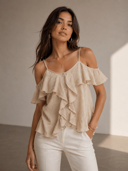 BLUSA DE ALCINHA C/BABADO E BOTÕES